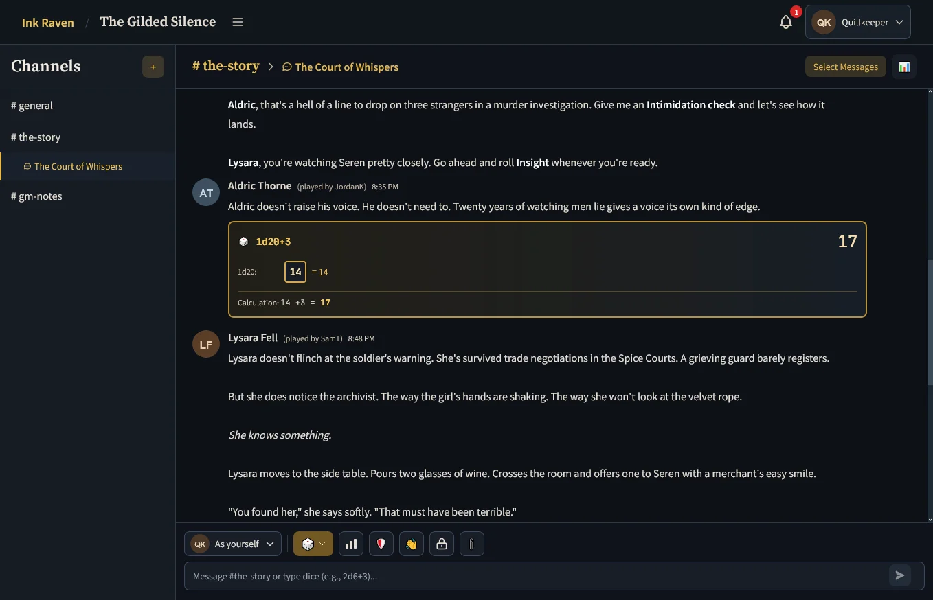 A story thread in Ink Raven: character posts, narration, and an inline dice roll